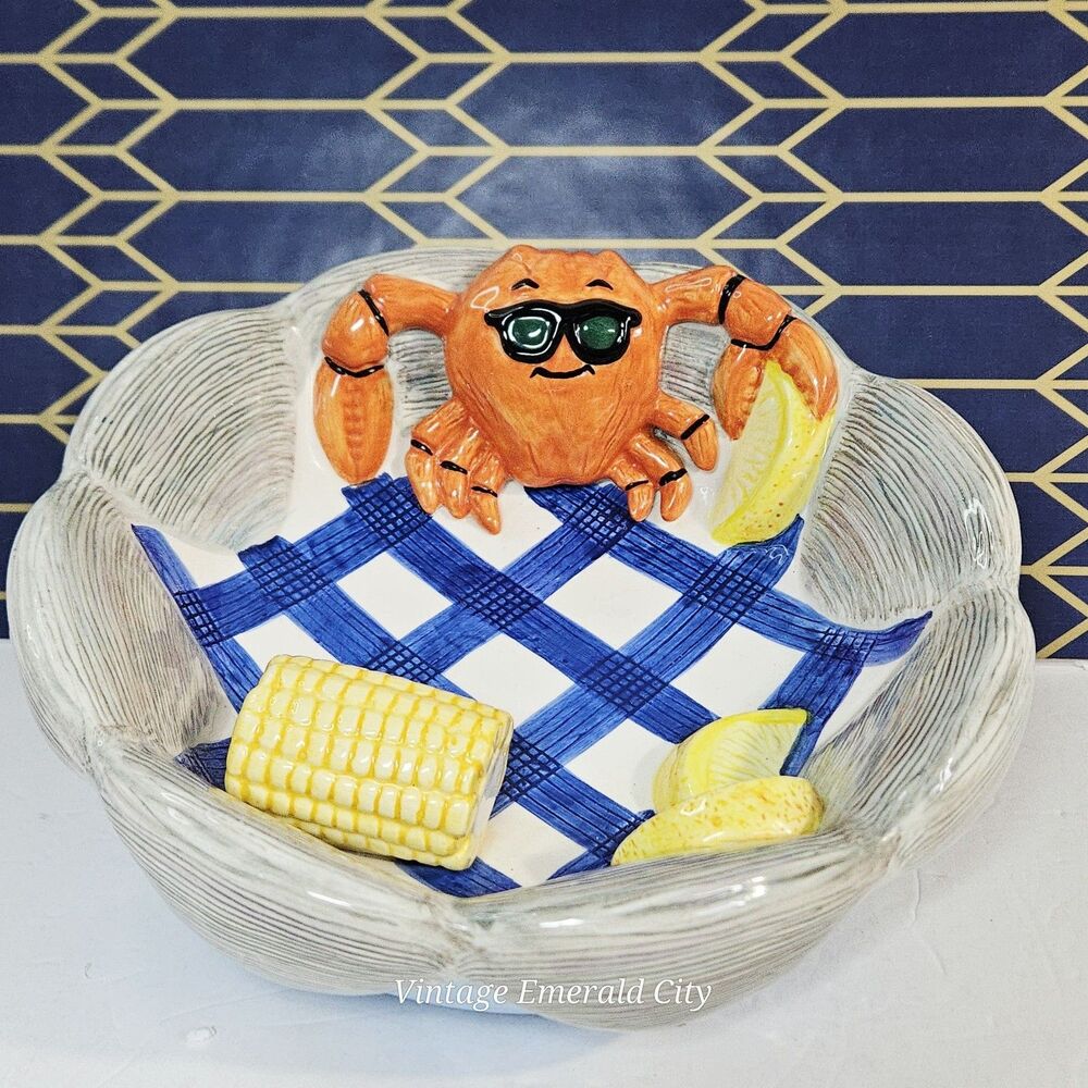 Vtg Lotus Crab Boil Serving Lobster Bowl Kitsch Ceramic Seafood Picnic Corn 3D